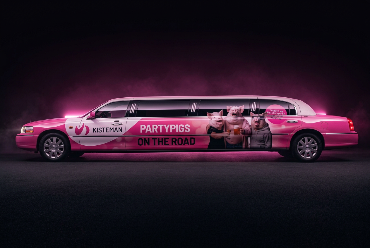 Roze Kisteman Partypigs limousine, prijs voor members